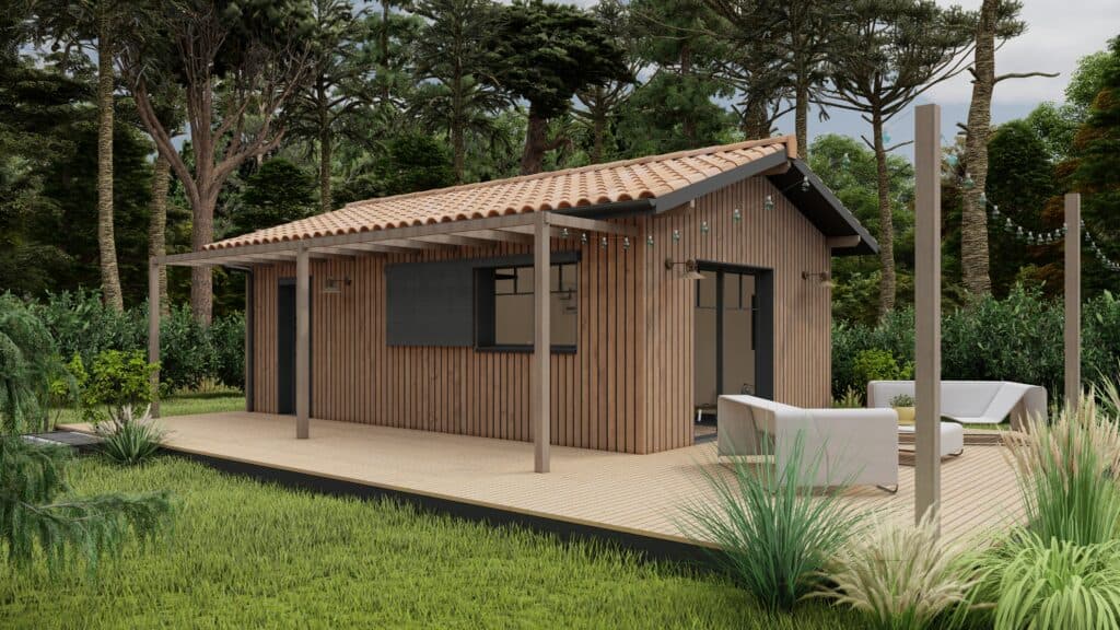 Modèle d'extension de maison DUNE - une dépendance indépendante avec un toit double pentes et du bardage bois.